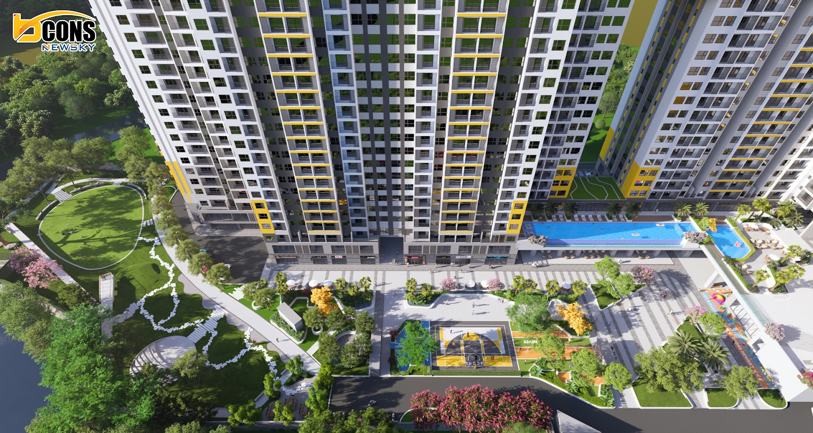 Phối cảnh khối căn hộ và hồ bơi nội khu Bcons NewSky