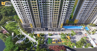 Phối cảnh khối căn hộ và hồ bơi nội khu Bcons NewSky