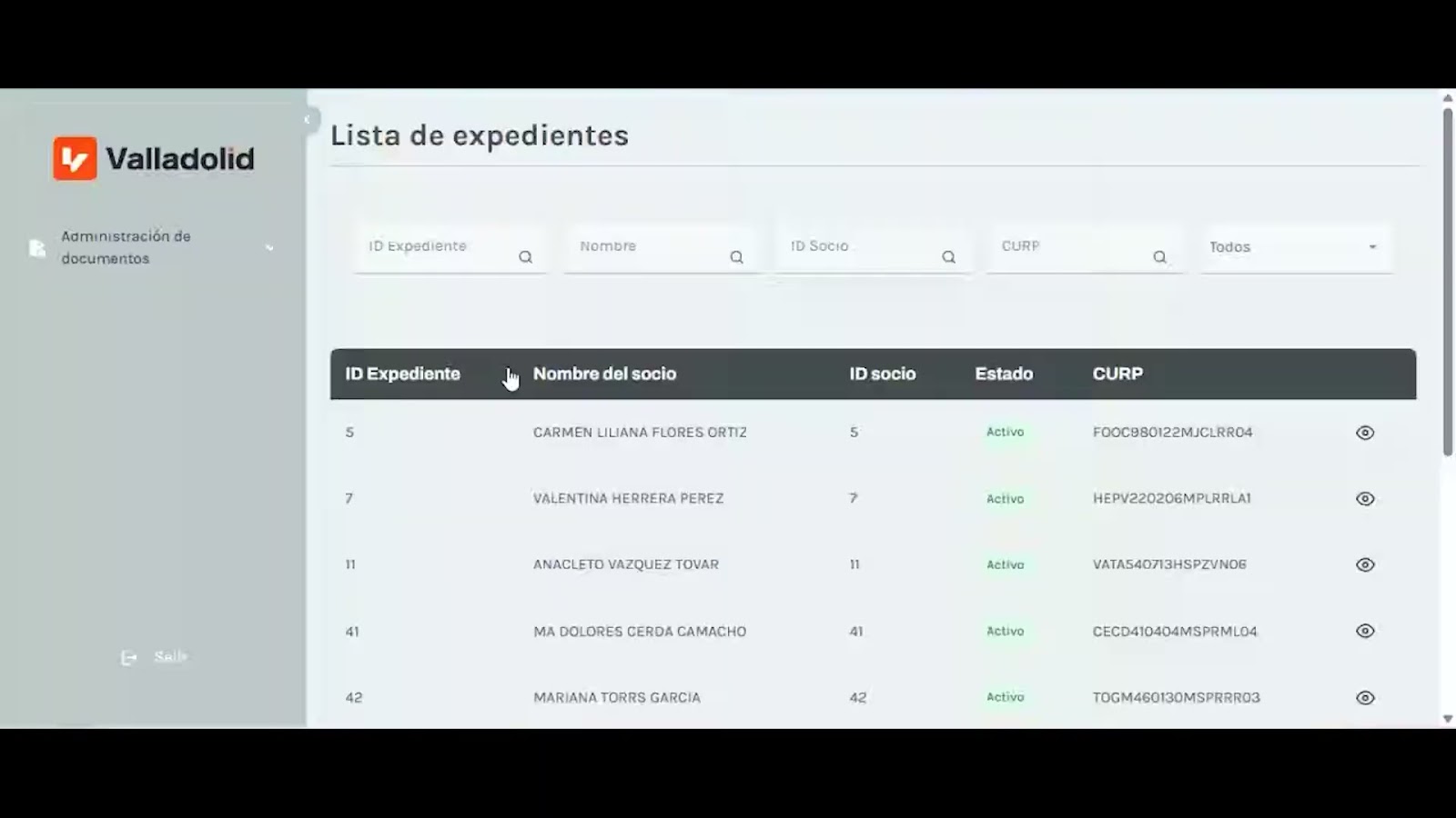 Opciones de búsqueda en el gestor de expedientes