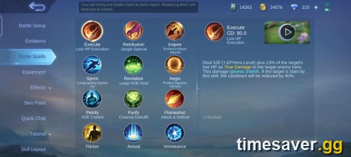 Execute battle spell shown in the Mobile Legends spell selection UI
