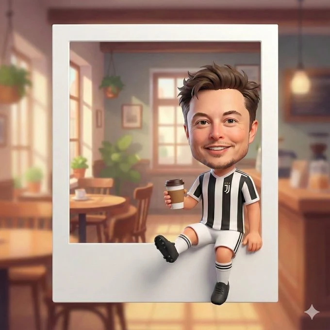 Un adorable personaje de dibujos animados en 3D estilo chibi sentado en un marco de fotos Polaroid blanco.