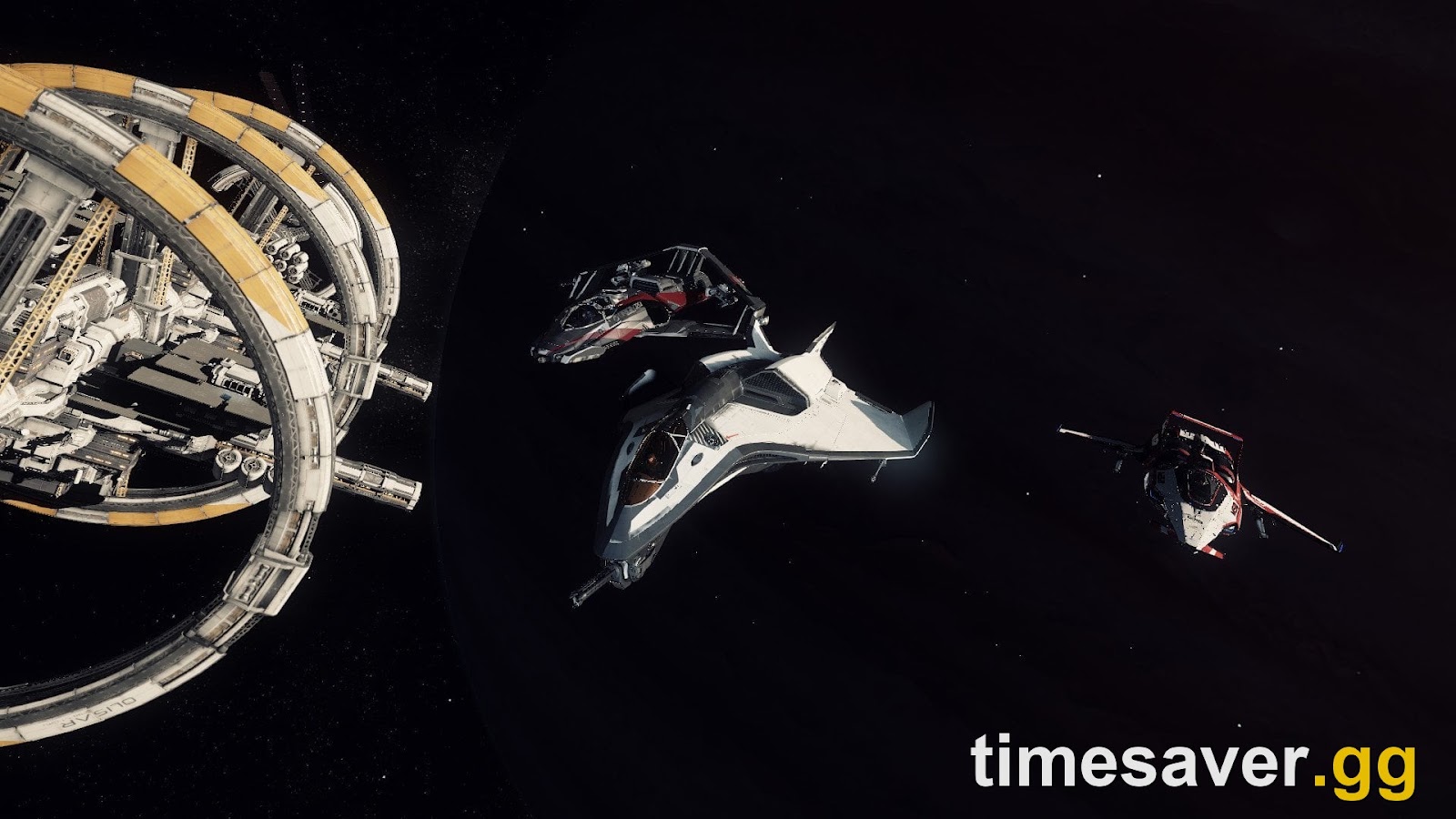 Two Star Citizen ships flying in formation over a planet during a Free Fly event