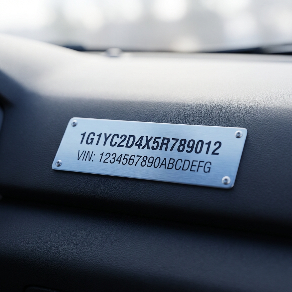 Close up realistic photo of a car VIN plate on a dashboard with shallow depth of field natural light subtle CarMax blue reflections white minimalist background