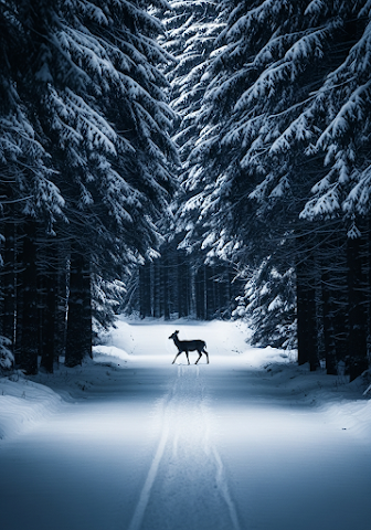 Deer Walking in Snowy Evergreen Forest