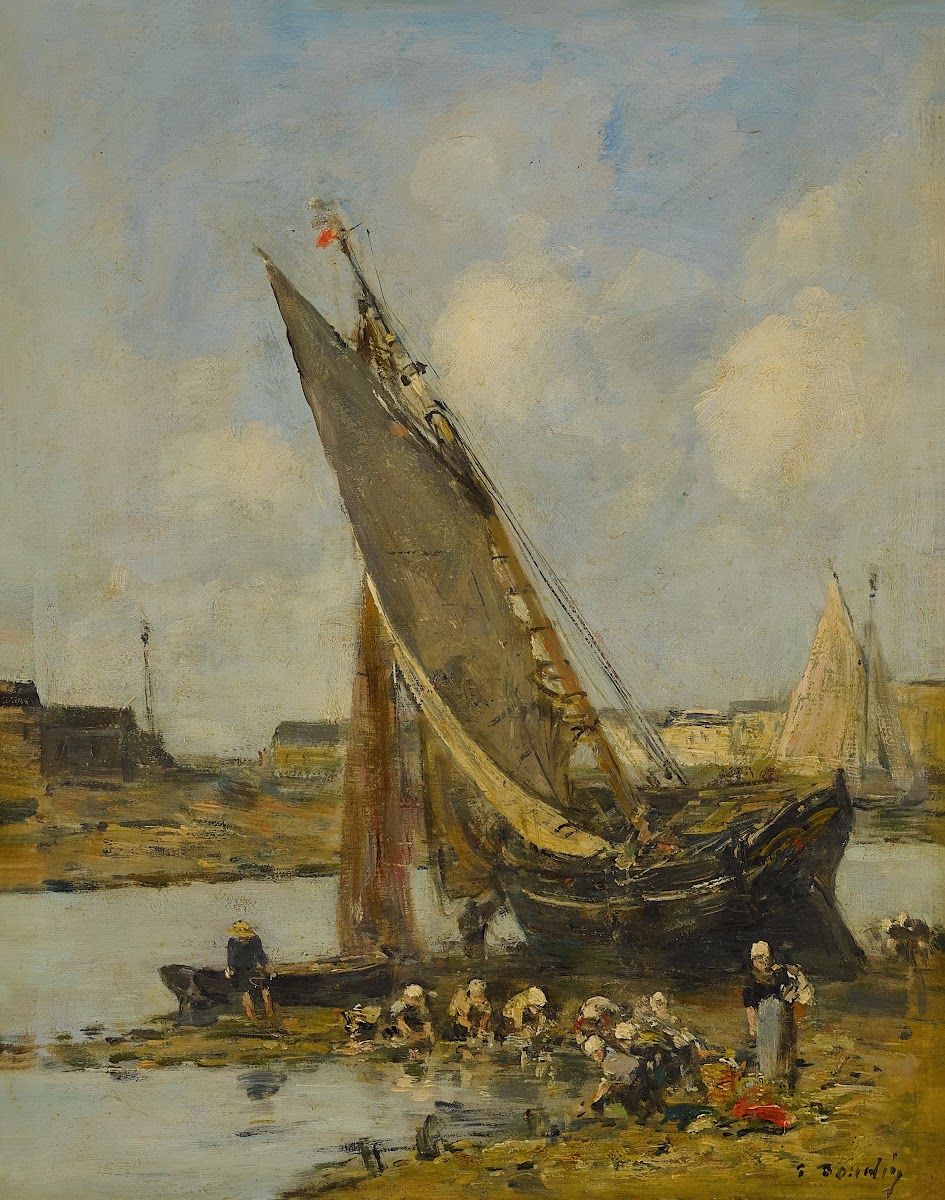 Laveuses près dun bateau échoué le long du port de Trouville marée basse 1888 18