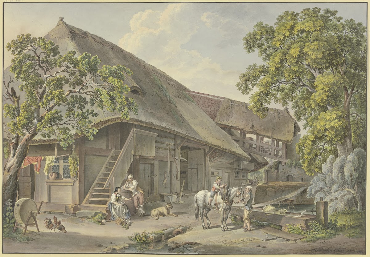 Schweizerhaus am Brunnen Bauer mit einem Schimmel auf dem ein Knabe reitet 1798