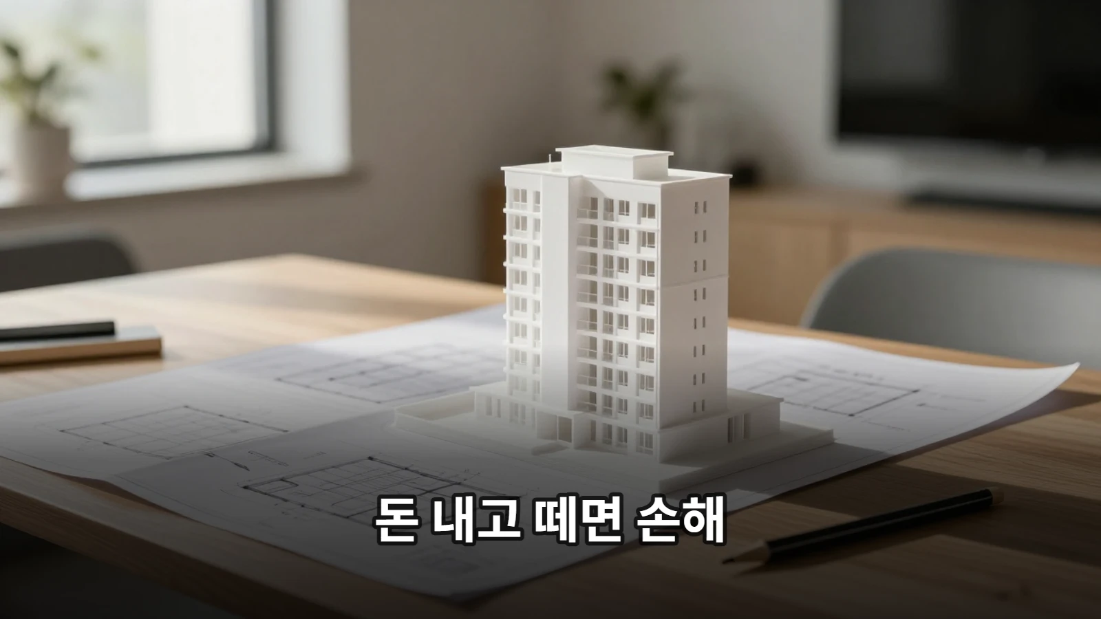 건축물대장 확인과 건물 현황 조회를 상징하는 건축 모형과 도면이 놓인 상담 테이블
