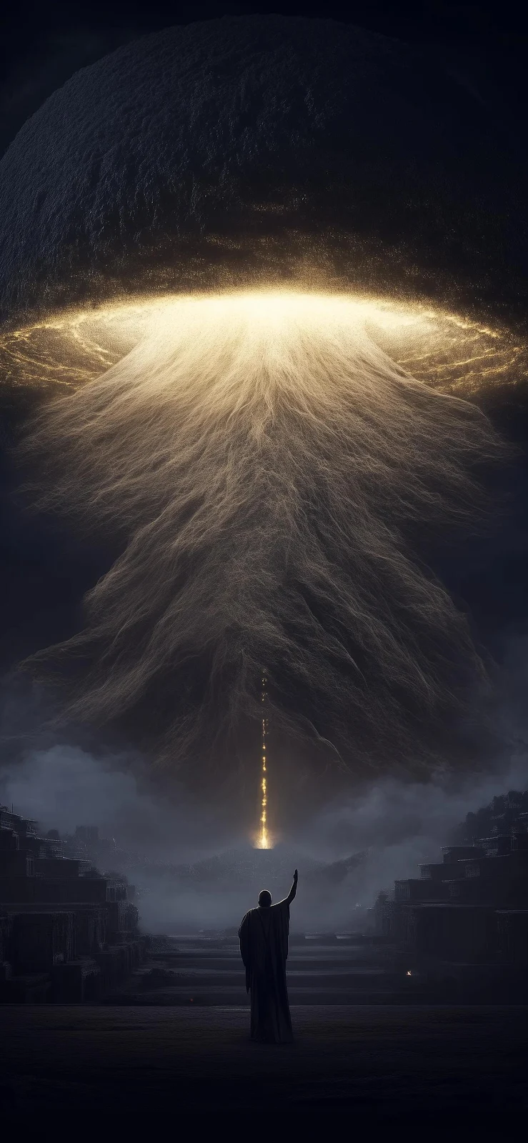 Celestial Light Over Ancient City - Digital Fantasy Art Full HD iPhone Wallpaper (1344x2911)