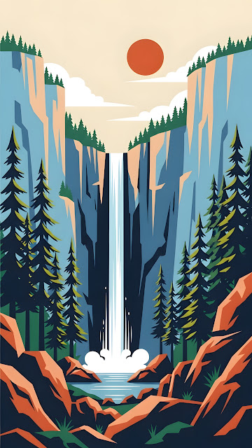 Yosemite Valley Waterfall Flat Illustration Art - Free mobile Wallpaper