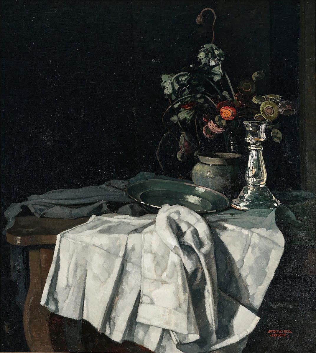 Still life with a white tablecloth and a silver candlestick c 1935