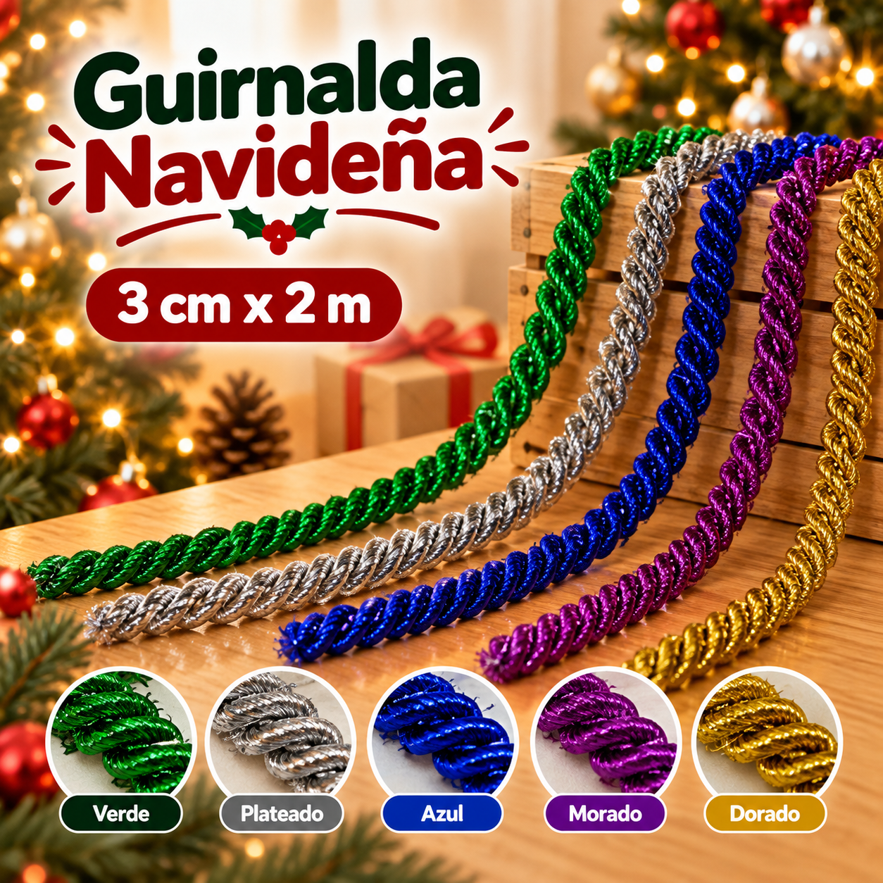 Guirnalda navideña fina de cordón metalizado 3 cm x 2 m