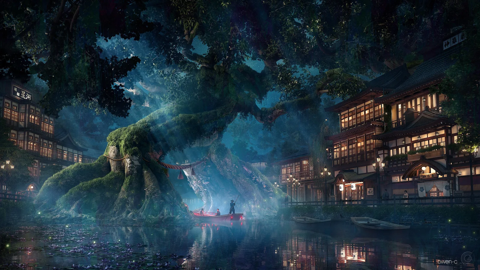 Ancient Japanese Tree Village - Cinematic Digital Art 4K Wallpaper (3840x2160)