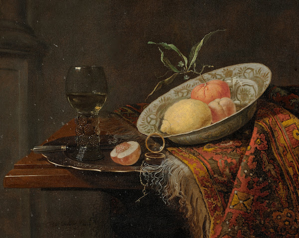 A lemon orange and nectarine in a porcelain bowl 1664