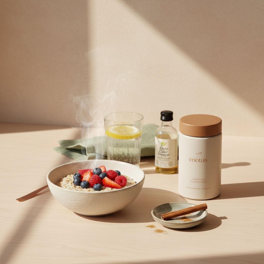 Minimal kitchen scene featuring Tonum Motus jar beside oatmeal with berries, a cinnamon stick and ground cinnamon, glass of water and apple cider vinegar — cinnamon for blood sugar