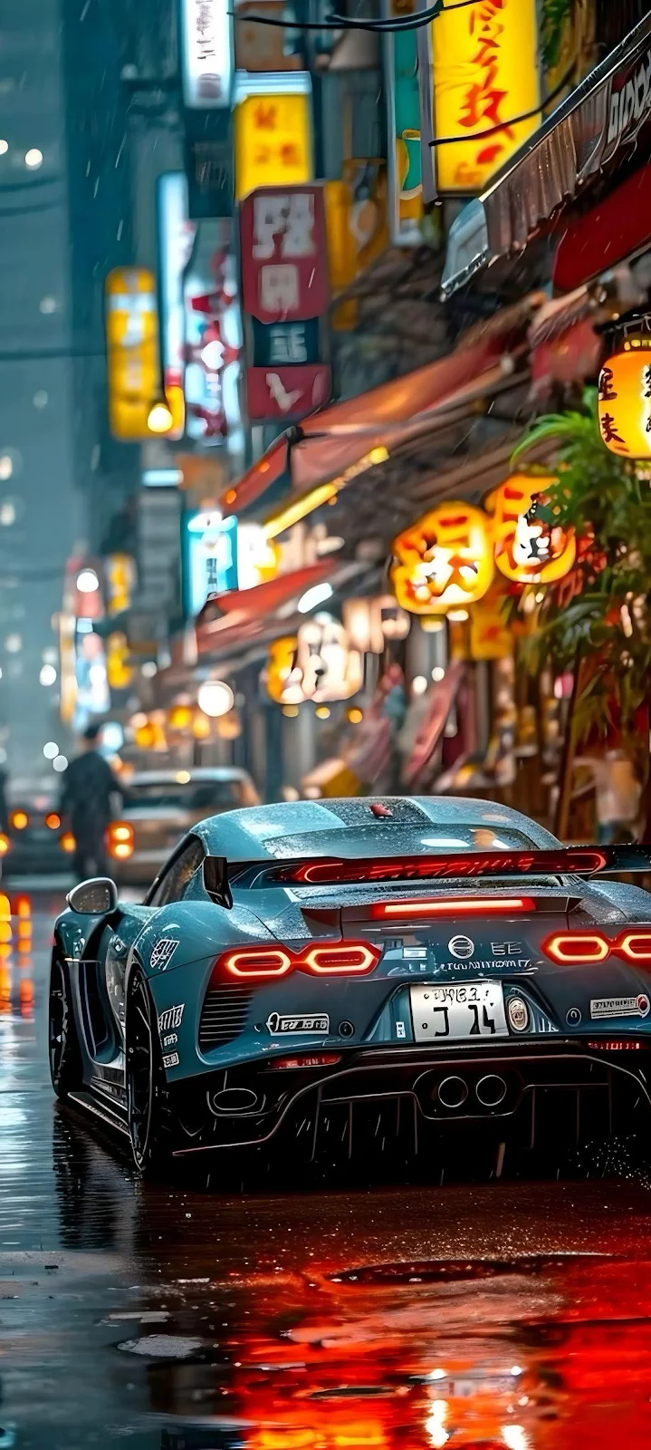 Blue Sports Car in Tokyo Alleyway - Digital Art Full HD iPhone Wallpaper (1080x2402)