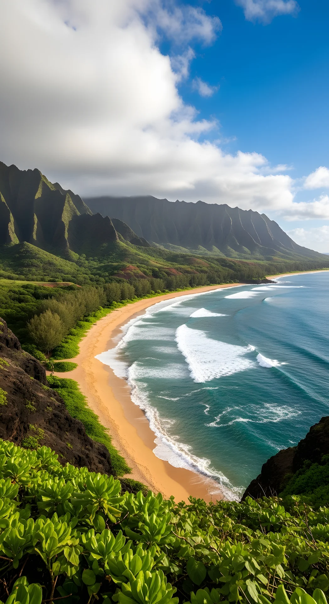 Na Pali Coast Beach View with Lush Green Cliffs - Free 4K mobile Wallpaper