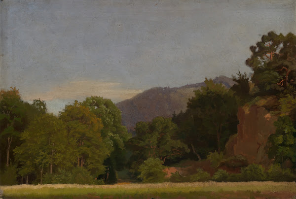 Wiese am Waldrand mit Höhenzug in der Ferne ca 1860