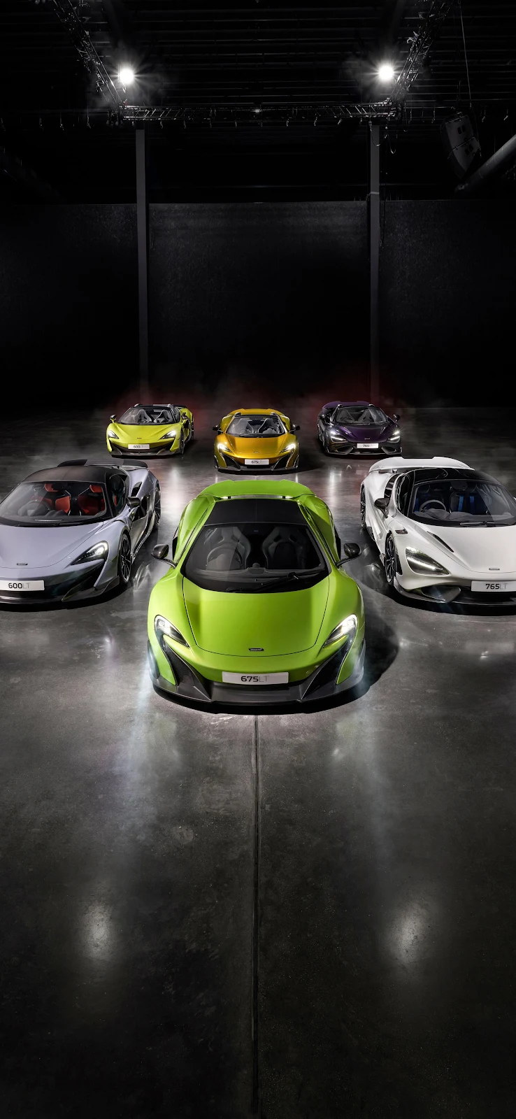 Six McLaren Supercars In Dark Studio - Automotive Photography 4K iPhone Wallpaper (2160x4680)