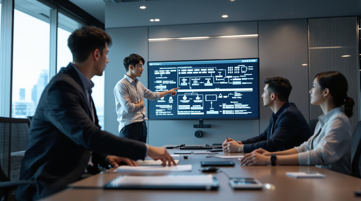 산업전문용어통역 도입 전략 체크리스트를 바탕으로 IT 관리자, 산업 담당자, 현장 실무자들이 SYSTRAN 솔루션을 검토하고 실제 업무 시스템에 통합하는 모습