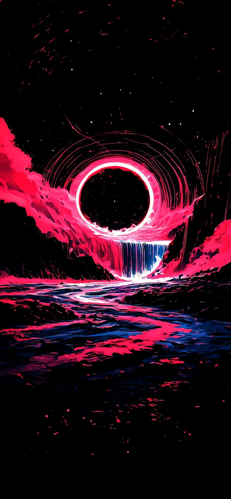 Surreal Pink Eclipse Over Waterfall - Digital Art Full HD iPhone Wallpaper (1284x2778)