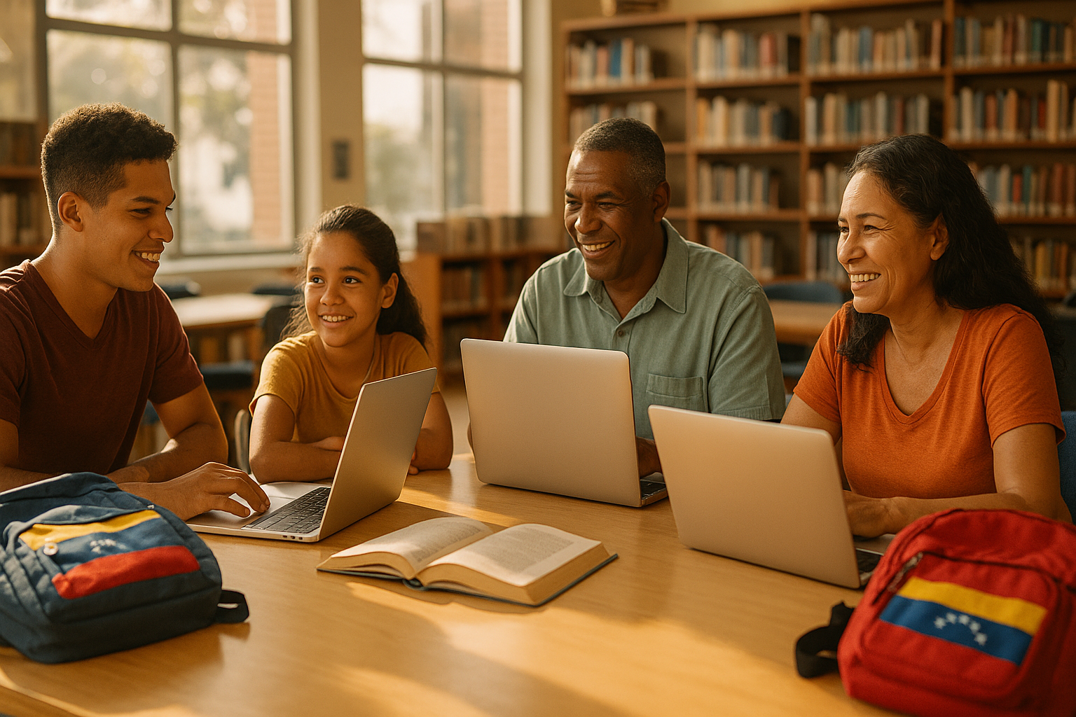 Venezolanos en una biblioteca pública del exterior compartiendo recursos y sonrisas
