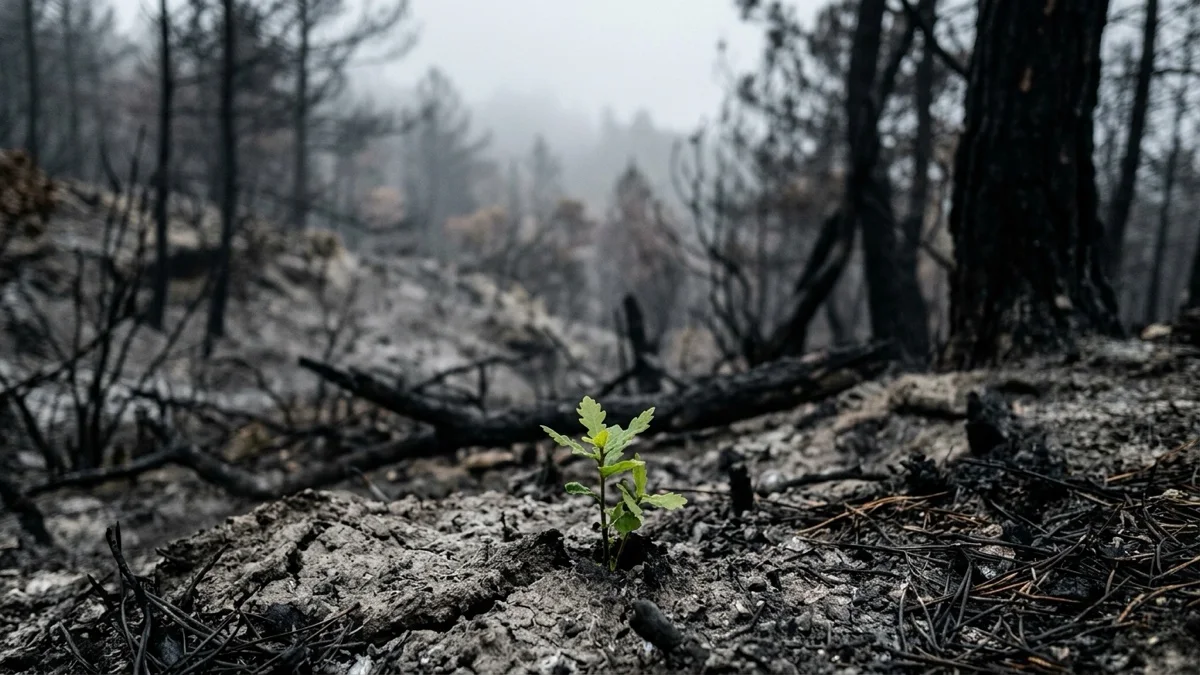 Jeune pousse verte perçant un sol de cendres dans une forêt calcinée