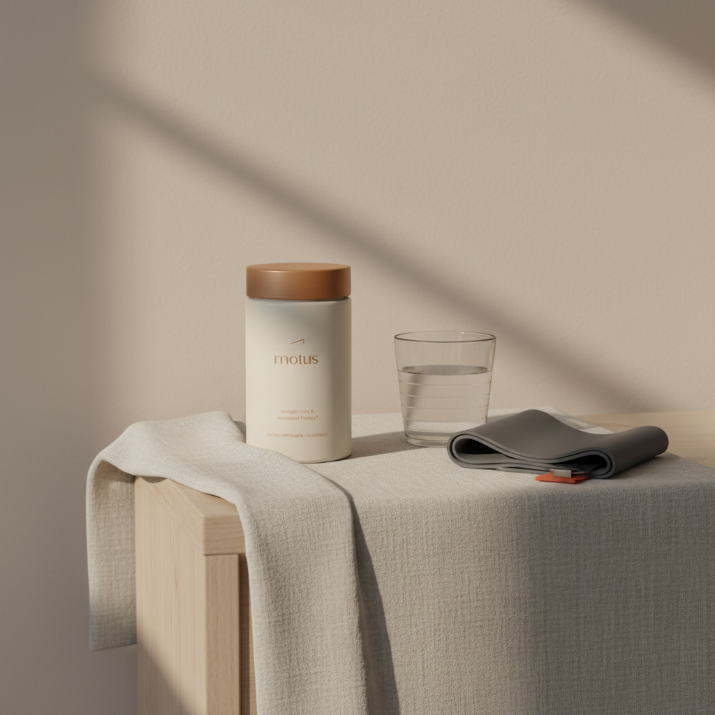 Tonum Motus supplement jar on a tidy bedside table next to a water glass and folded workout band, minimalist morning routine scene for which supplement is best for weight loss?