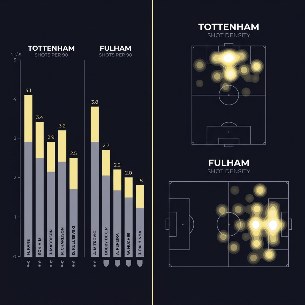 Split analytics graphic with shots per 90 bar chart and tactical heatmap comparing Tottenham and Fulham in dark Funded Plays brand style fulham prediction