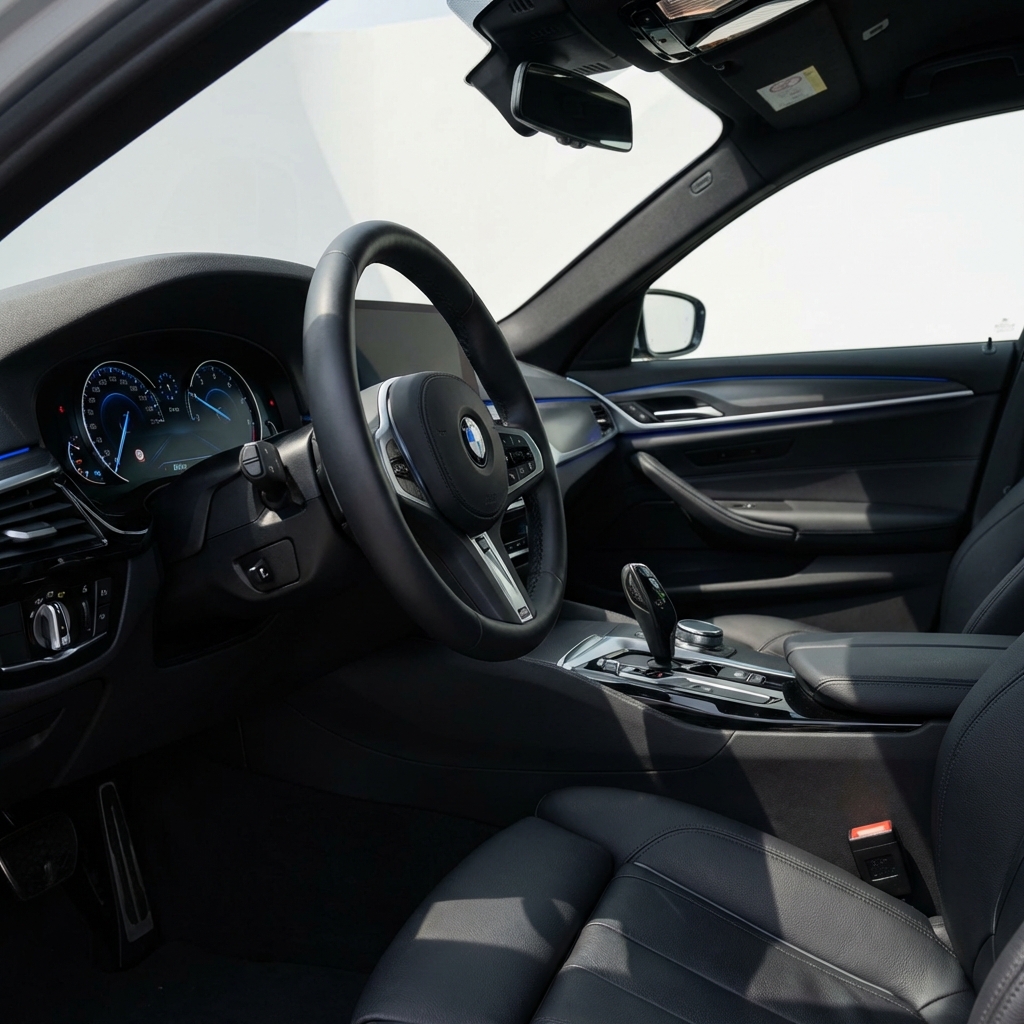 Close full frame interior shot of bmw 540i for sale showing driver controls instrument cluster steering wheel and center console minimalist white background brand blue accents