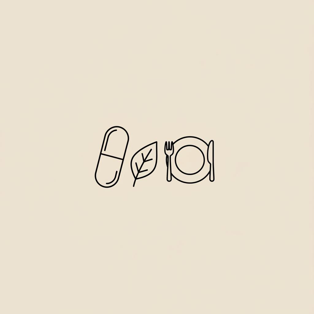 Minimalist vector line illustration of a capsule, leaf, and small plate with fork and knife on a beige background — Is Adipex a good weight loss pill?