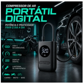 Compressor de Ar Portátil Digital BHCASES 80W USB-C Carro Moto