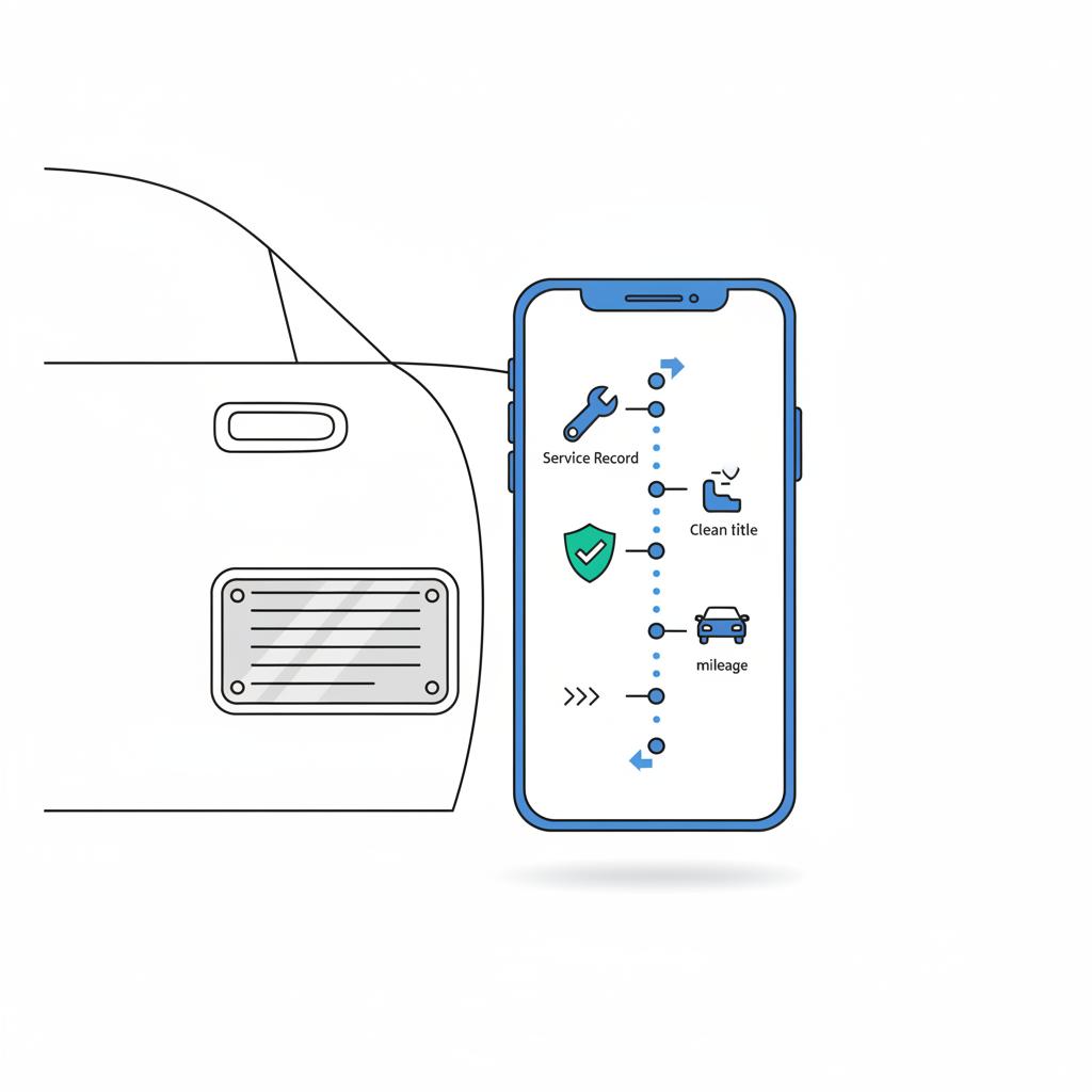 Minimalist 2D vector of a VIN plate on a car door jamb beside a smartphone showing a vehicle history report with blue highlights chevy impala for sale