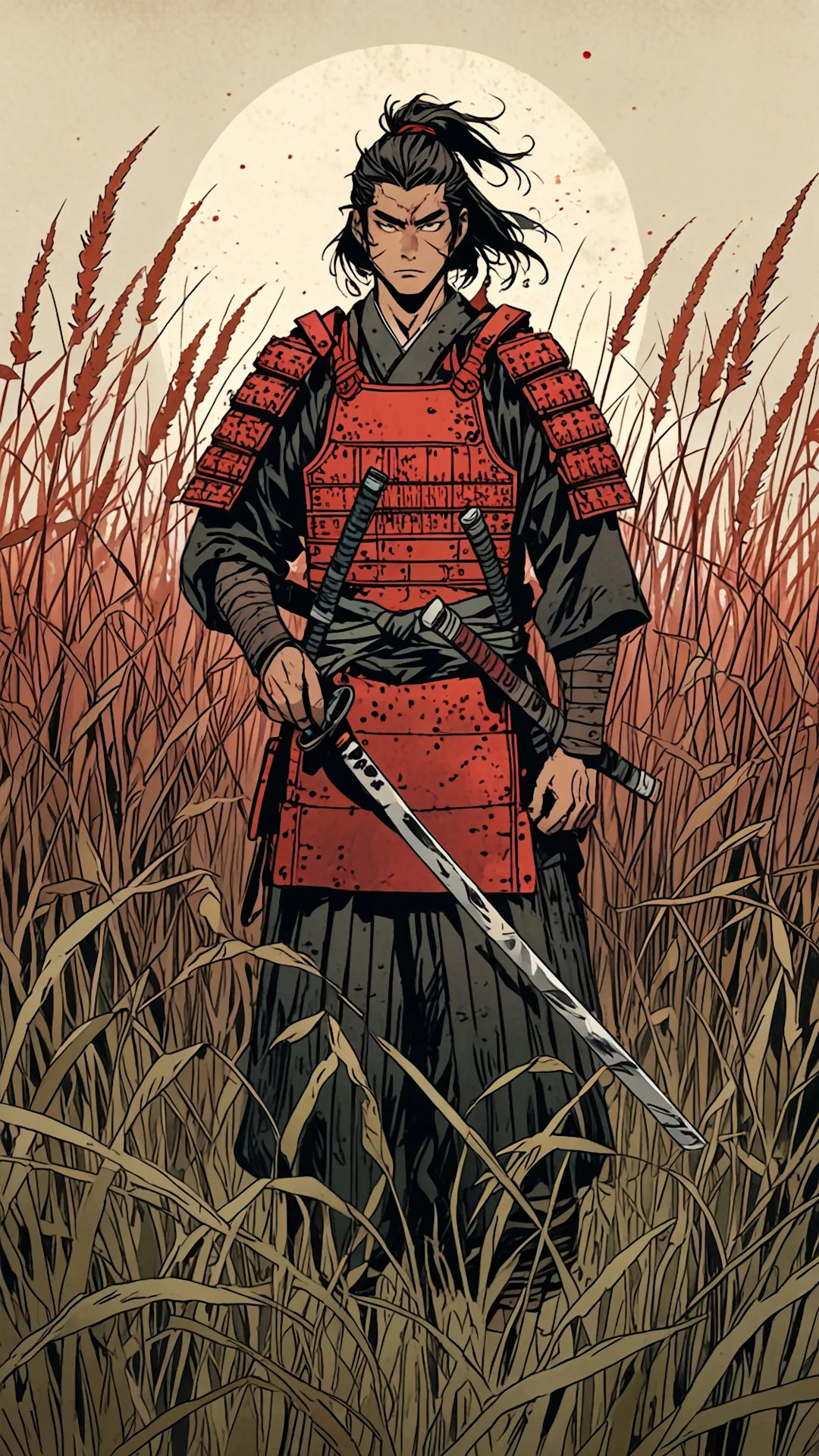 Ronin Warrior in Red Armor Standing in Tall Grass - Free 4K mobile Wallpaper
