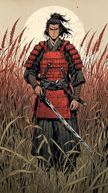 Ronin Warrior in Red Armor Standing in Tall Grass - Free mobile Wallpaper