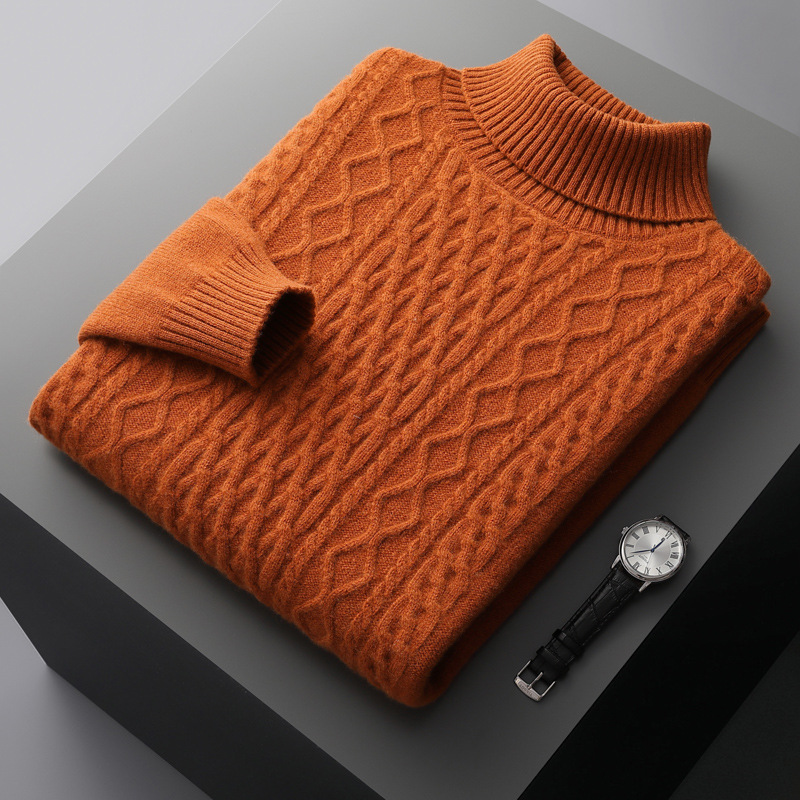 Men's Wool Sweater with Lapel Collar and Cable Pattern
