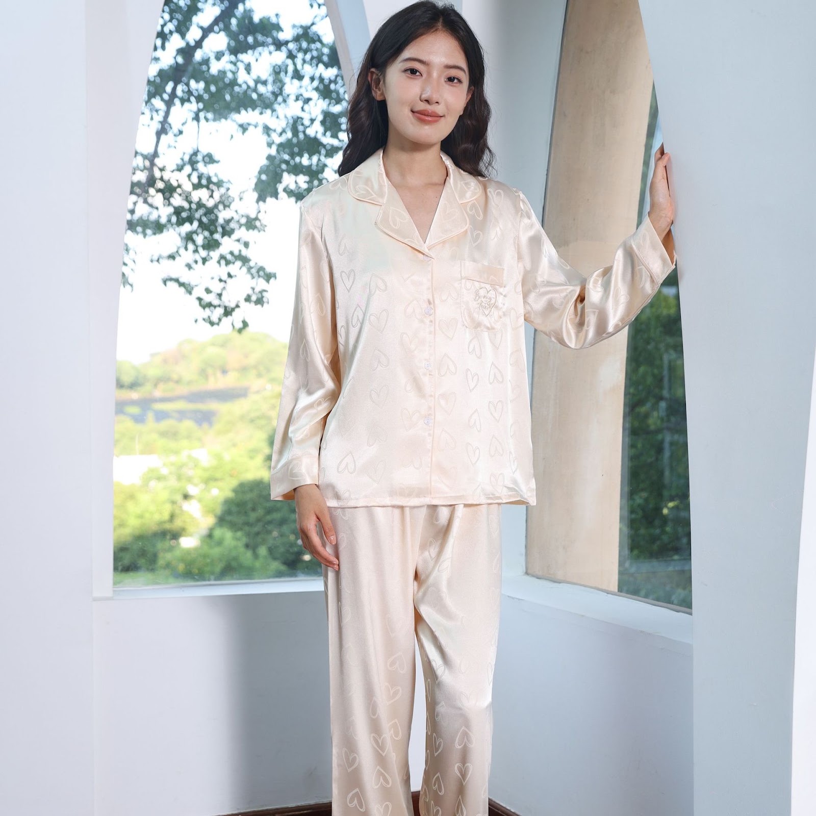 Damen-Pyjama-Set, Eisseide, Langarm, Herzmuster