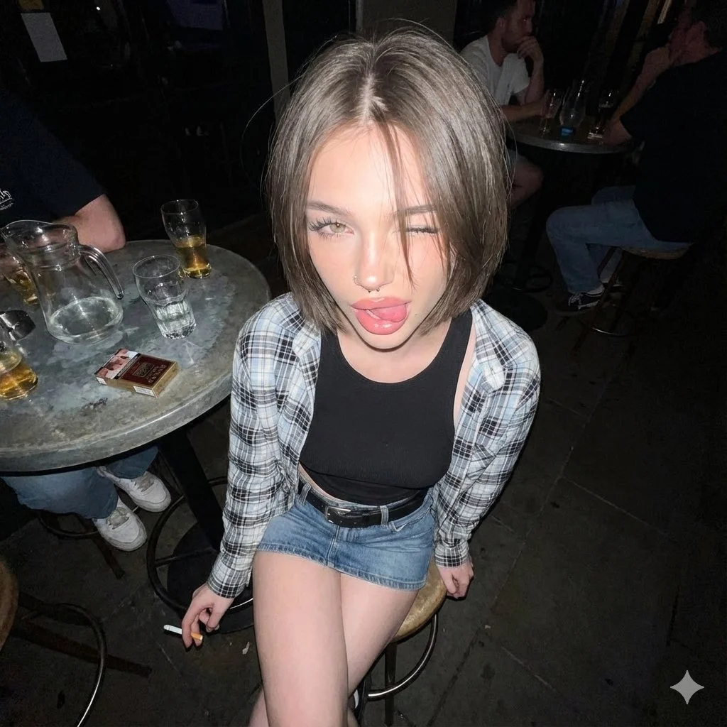 Foto de una joven sentada en un taburete de bar