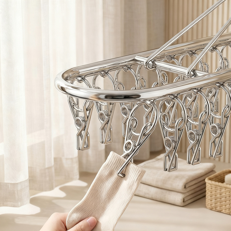 Stainless steel drying rack with 10, 20, or 30 clips