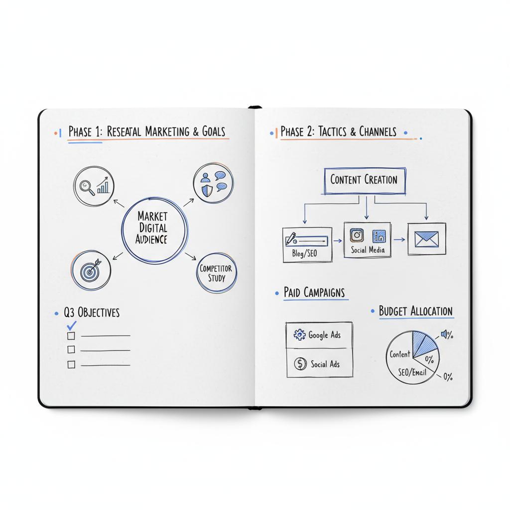 Sketch-style notebook spread showing a test campaign checklist (budget, tracking, photos, key metrics) for Yelp ad pricing, minimalist white paper background, blue highlights.