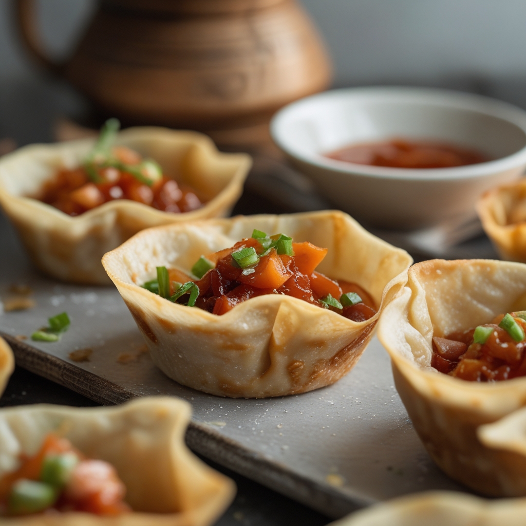 Final Crispy Gochujang Pork Wonton Cups with Sesame-Lime Slaw