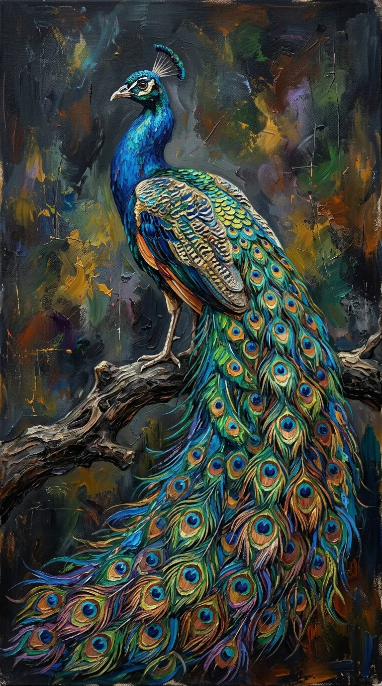 Colorful Artistic Peacock Painting on Dark Background