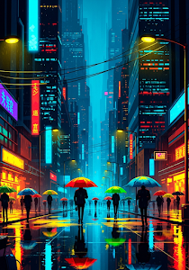 Rainy Cyberpunk Cityscape Painting