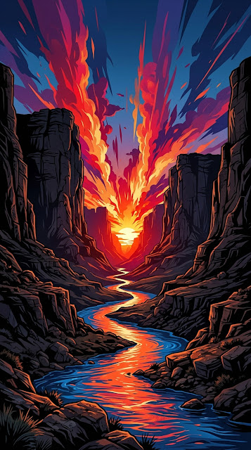 Abstract Digital Illustration of Sunset over Canyon River with Radiant Red Clouds - Free mobile Wallpaper