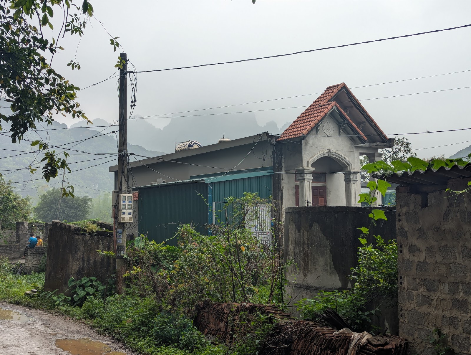 A photo of a utility pole holding up a few clumps of cables.
                 To the side is a building with an orange tiled facade. In the foreground is
                 a wall covered in some leafy vines, and in the background are some fog covered
                 rows of lush mountains.