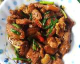 Cho đường vào chảo cùng 1 mc nước để thắng đường làm nước màu.
Khi thấy nước đường sôi lên và chuyển màu nâu đẹp thì cho thịt vào xào cho săn thịt lại rồi đổ 150ml nước vào.
Nấu được khoảng 10 phút thì bạn cho 1 mc nước mắm + 1 mcp đường + 2 trái ớt xắt nhỏ vào, hạ nhỏ lửa và tiếp tục nấu thêm 5 phút.
Đến khi nước thịt sôi lên lần nữa và bắt đầu cạn thì nêm nếm cho vừa ăn, tắt bếp, cắt khúc hành lá cho vào, rắc thêm tiêu là xong.