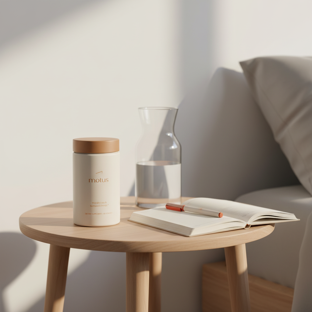 Motus supplement bottle on a minimalist bedside table with water carafe and journal in soft morning light — does carnitine burn belly fat