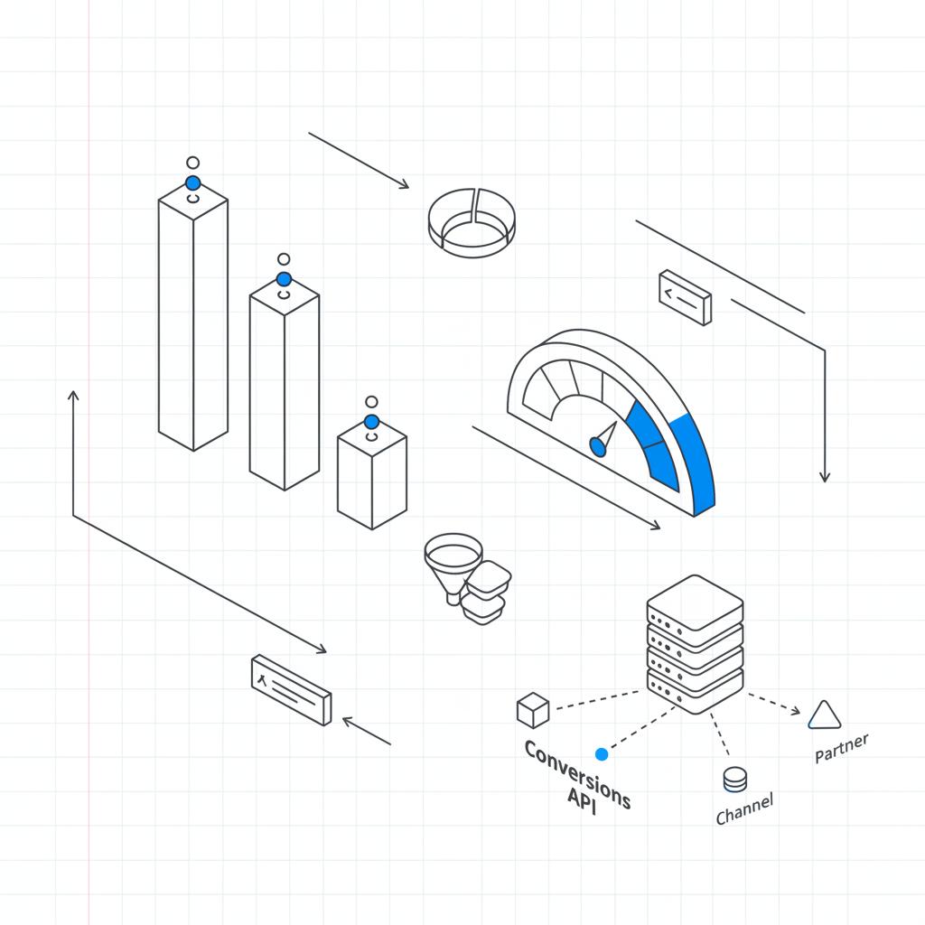 Isometric vector notebook sketch of an advertising auction with bid bars, delivery meter and server node showing Conversions API connections for CPA Meta ads