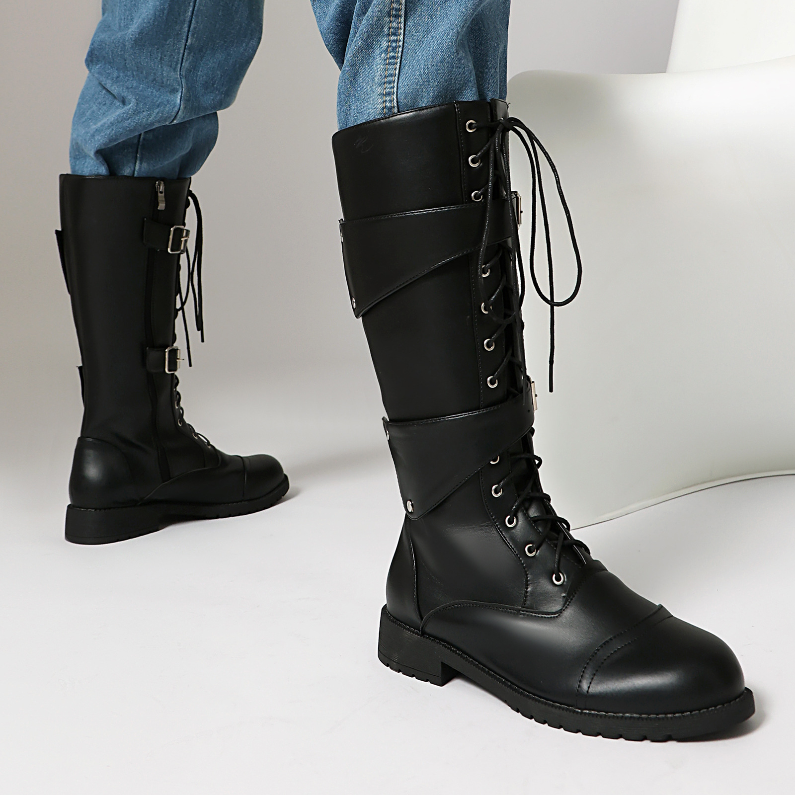Men's boots with buckles and laces