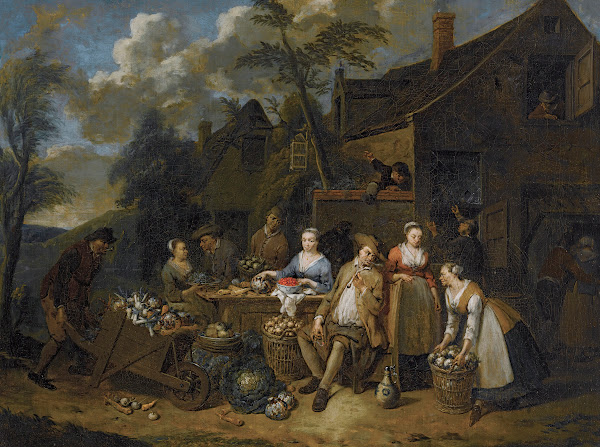 An Elegant Company In A Landscape Amongst Different Fruits And Vegetables A Man