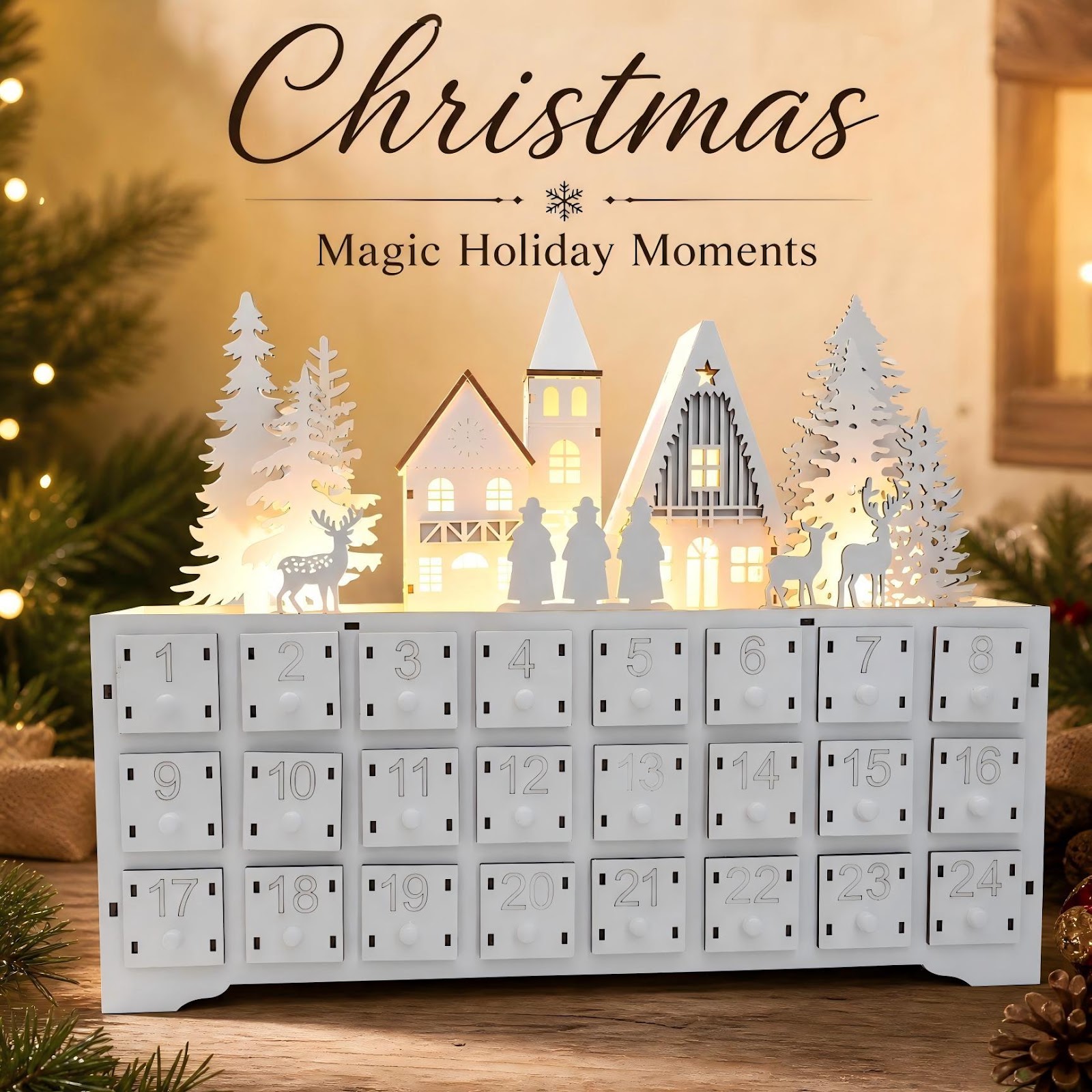 Wood Advent Calendar, Village Design, 24 Compartments